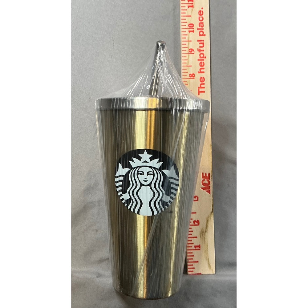 Starbucks Gold Stainless Steel Tumbler Cold Cup with Metal Straw 24oz Siren Logo
